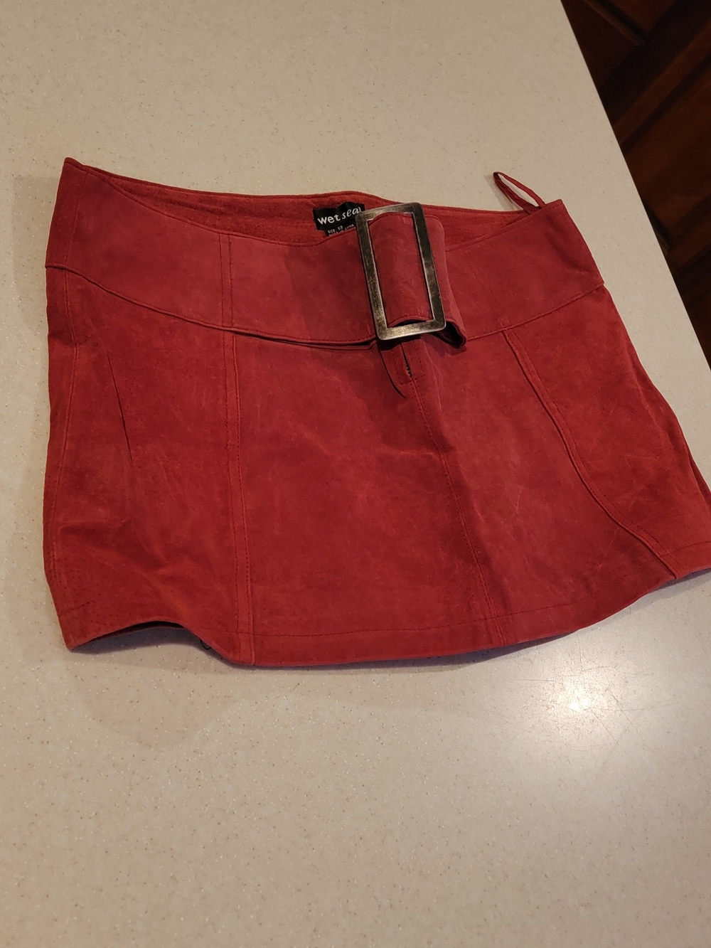 Wet Seal Red Suede Mini Skirt with Oversized Buckle